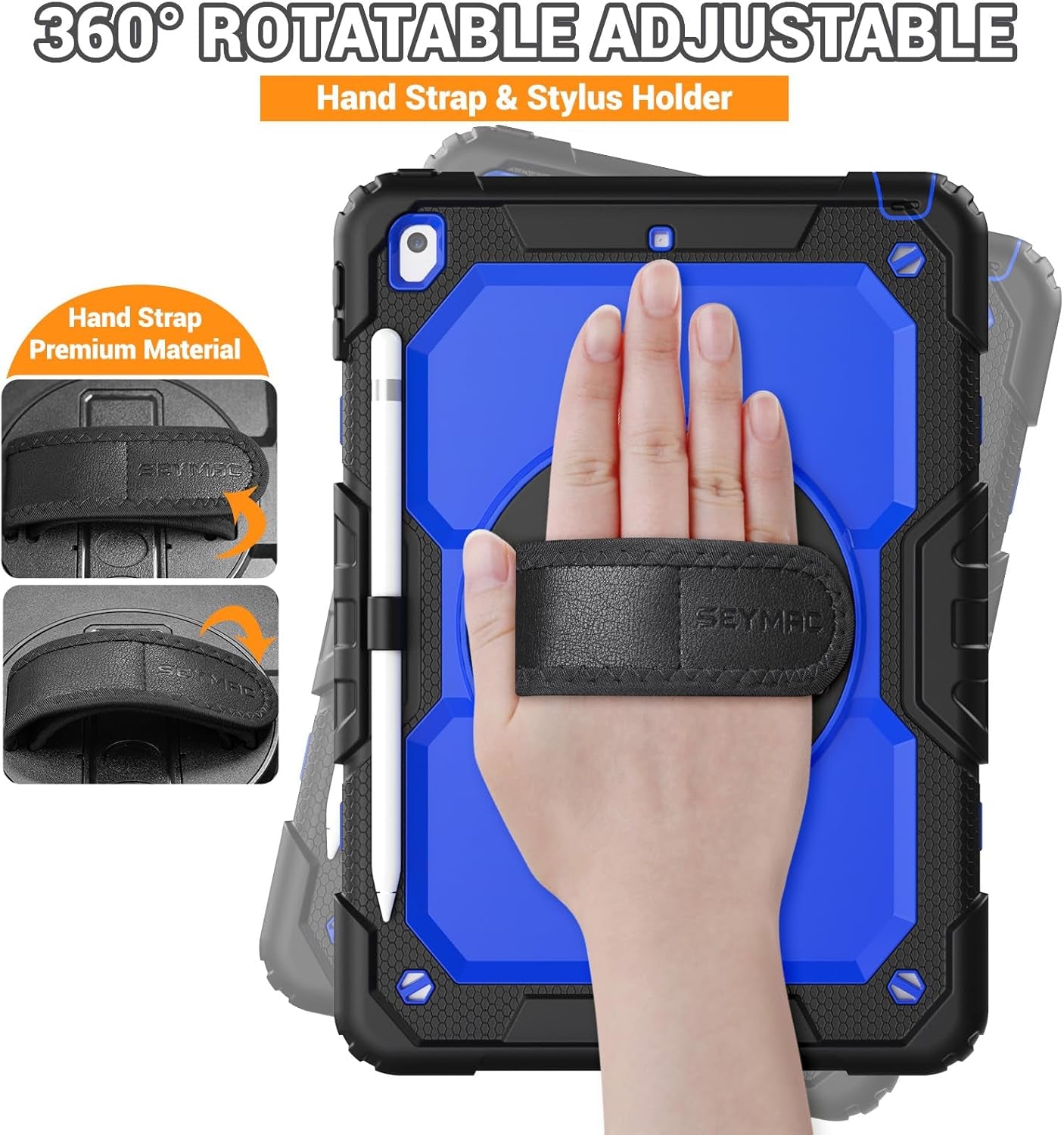 Case Ipad 9Th Generation Kids Ipad 10.2 Case 2021, Full-Body Shock Protective Ipad 7/8/9 Case with Screen Protector Rotating Hand Strap Stand for Ipad 10.2-Inch 9Th/8Th/7Th Gen, Black/Blue
