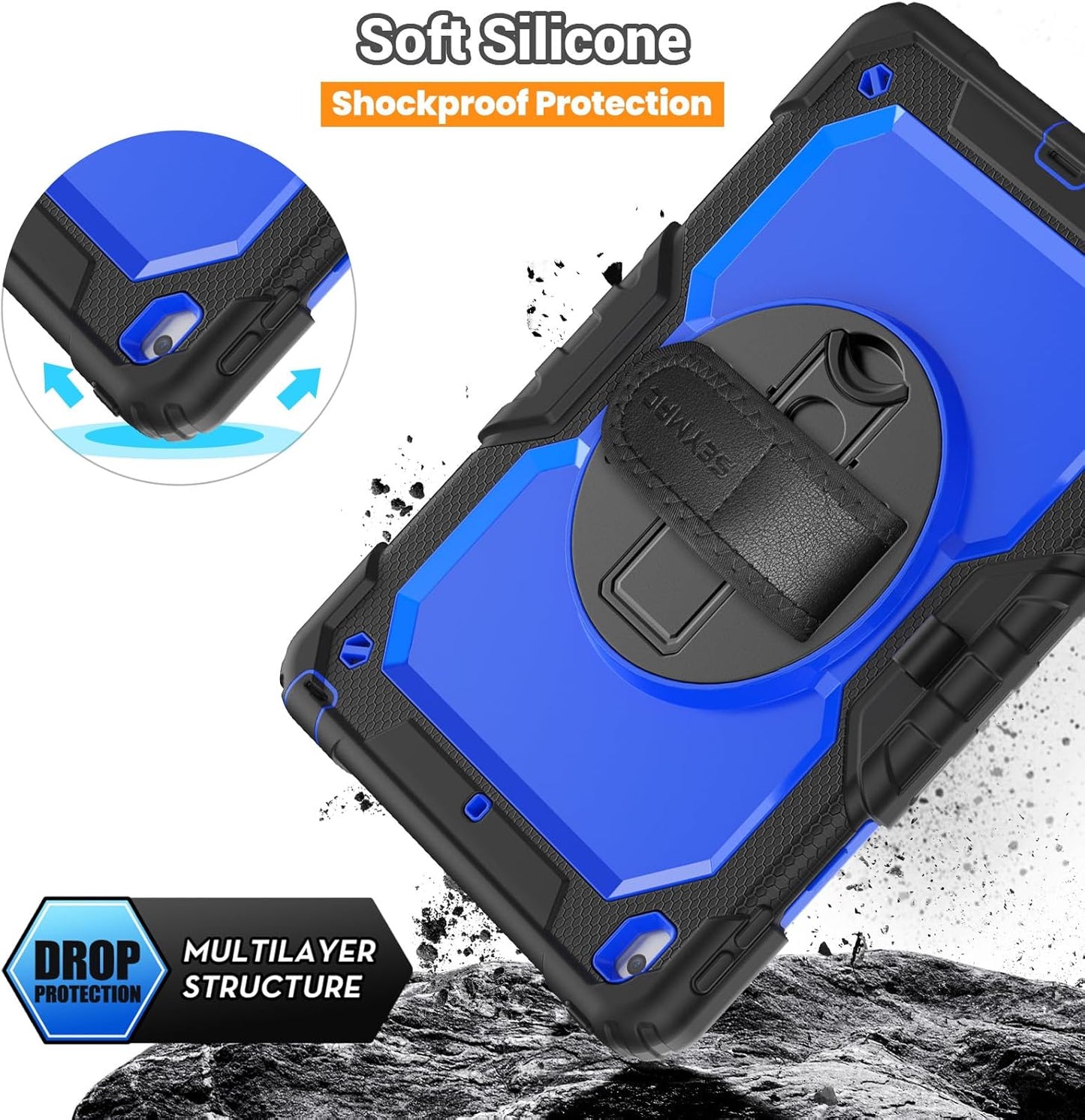 Case Ipad 9Th Generation Kids Ipad 10.2 Case 2021, Full-Body Shock Protective Ipad 7/8/9 Case with Screen Protector Rotating Hand Strap Stand for Ipad 10.2-Inch 9Th/8Th/7Th Gen, Black/Blue