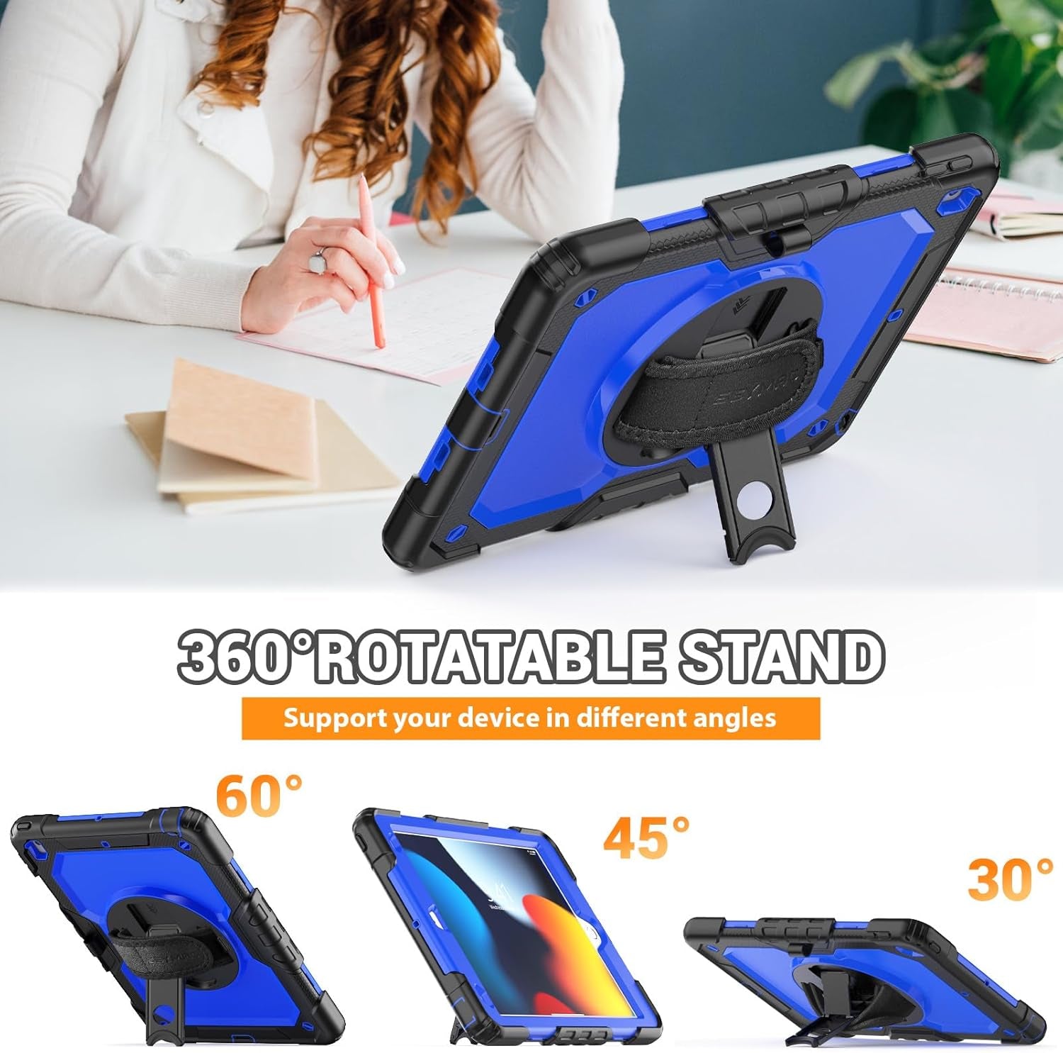 Case Ipad 9Th Generation Kids Ipad 10.2 Case 2021, Full-Body Shock Protective Ipad 7/8/9 Case with Screen Protector Rotating Hand Strap Stand for Ipad 10.2-Inch 9Th/8Th/7Th Gen, Black/Blue