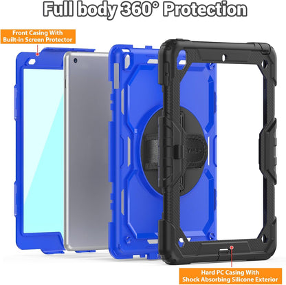 Case Ipad 9Th Generation Kids Ipad 10.2 Case 2021, Full-Body Shock Protective Ipad 7/8/9 Case with Screen Protector Rotating Hand Strap Stand for Ipad 10.2-Inch 9Th/8Th/7Th Gen, Black/Blue