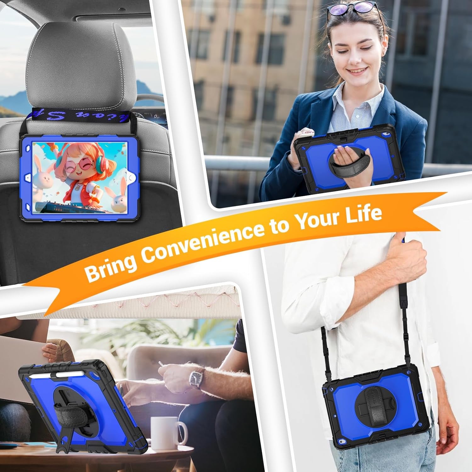 Case Ipad 9Th Generation Kids Ipad 10.2 Case 2021, Full-Body Shock Protective Ipad 7/8/9 Case with Screen Protector Rotating Hand Strap Stand for Ipad 10.2-Inch 9Th/8Th/7Th Gen, Black/Blue