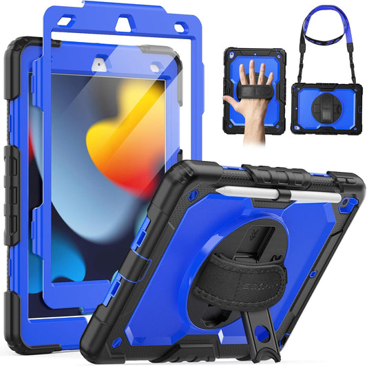 Case Ipad 9Th Generation Kids Ipad 10.2 Case 2021, Full-Body Shock Protective Ipad 7/8/9 Case with Screen Protector Rotating Hand Strap Stand for Ipad 10.2-Inch 9Th/8Th/7Th Gen, Black/Blue