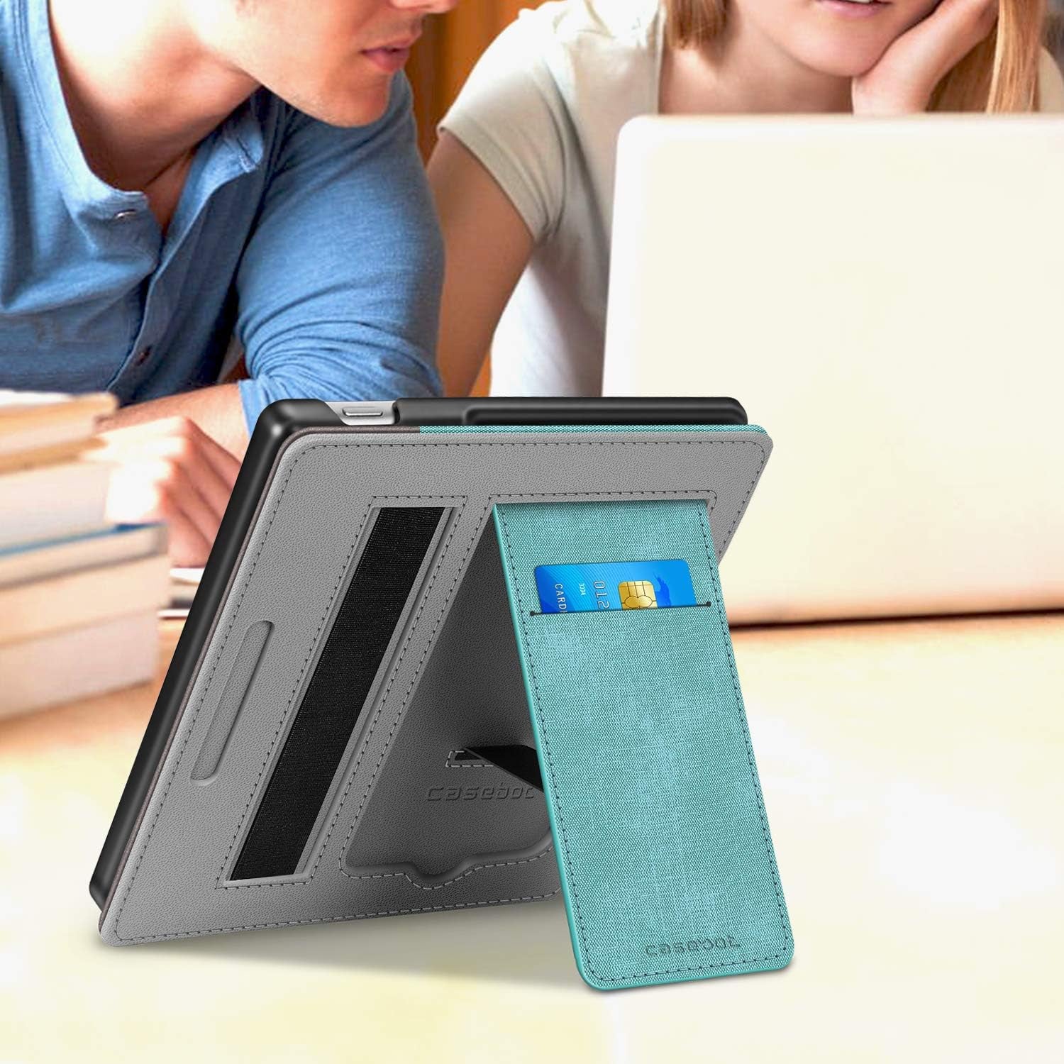 Stand Case for All-New Kindle Oasis (10Th Generation, 2019 Release and 9Th Generation, 2017 Release) - Premium PU Leather Sleeve Cover with Card Slot and Hand Strap, Turquoise/Brown